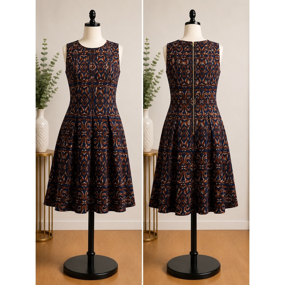 Gabby Skye Navy Blue Rust Ikat Damask Fit and Flare Pocket Dress Size 14
